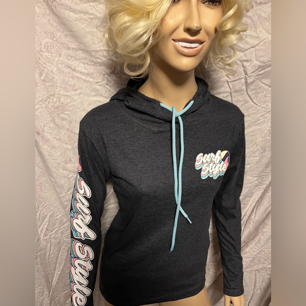 Surf Style Women’s Light Gray Retro Hoodie Teal Drawstring XS EUC